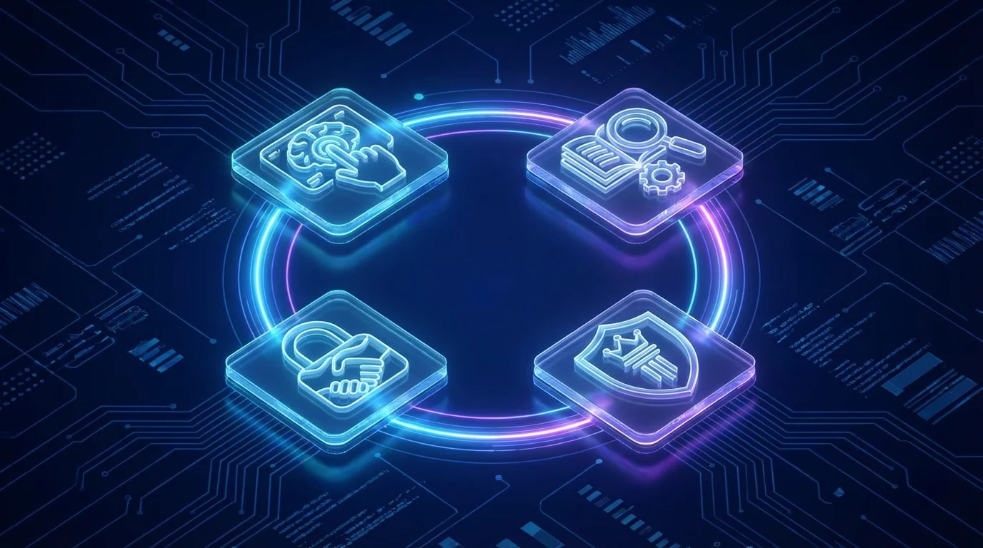 A conceptual illustration of E-E-A-T principles in digital marketing, featuring icons for Experience, Expertise, Authoritativeness, and Trustworthiness connected by glowing lines on a blue tech background.