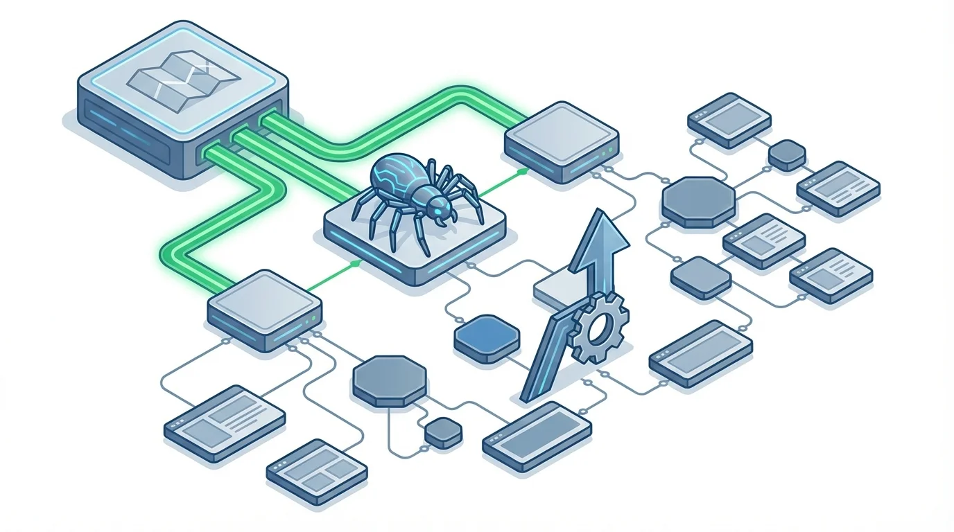 A technical diagram showing a web crawler spider navigating through a website structure, highlighting the importance of sitemaps and internal link architecture for search engine optimization.