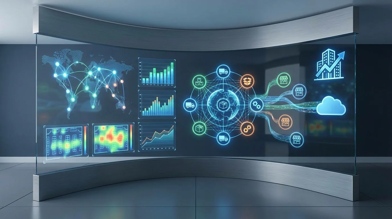 A high-tech digital dashboard displaying real-time inventory visibility across multiple retail locations and an online warehouse, highlighting data integration and logistics optimization.