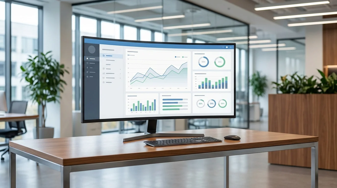 Professional analytics dashboard showing social media engagement metrics, conversion rates, and data-driven growth charts on a sleek computer monitor in a modern office.