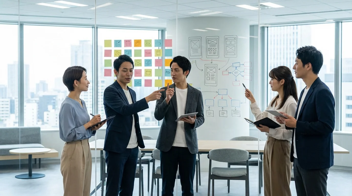A collaborative team of digital strategists brainstorming social media content architecture using post-it notes and wireframes on a large glass wall.