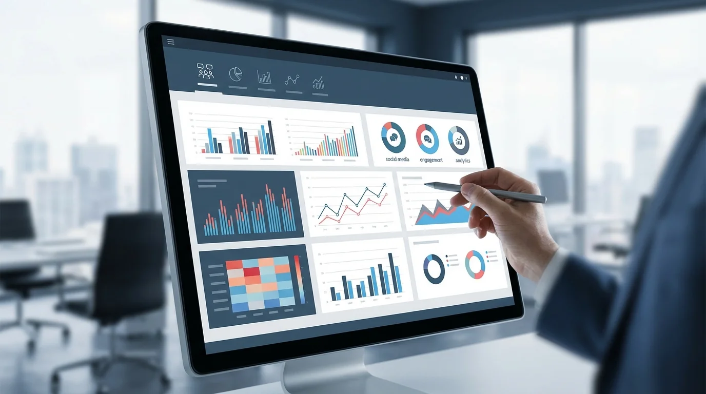 Professional digital marketing dashboard displaying key performance indicators and engagement metrics for multi-platform social media campaigns in a business intelligence interface