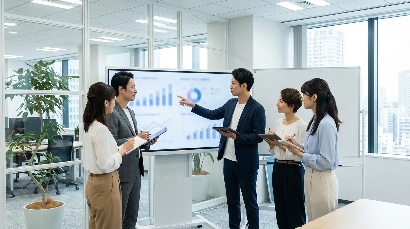 A diverse team of social media strategists collaborating in a modern office environment, analyzing content performance and planning cross-channel engagement tactics for a global business entity