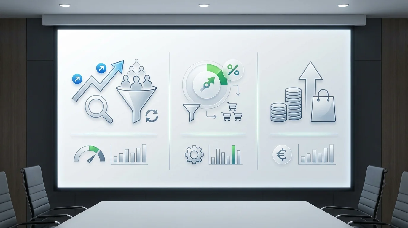A professional infographic depicting the breakdown of Amazon sales metrics including sessions, conversion rate, and average order value, designed for business presentation with a clean and modern layout.