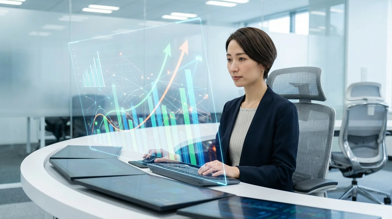 A high-tech visualization of a data scientist analyzing Amazon marketplace trends using advanced software tools, featuring 3D charts and data streams representing e-commerce growth.