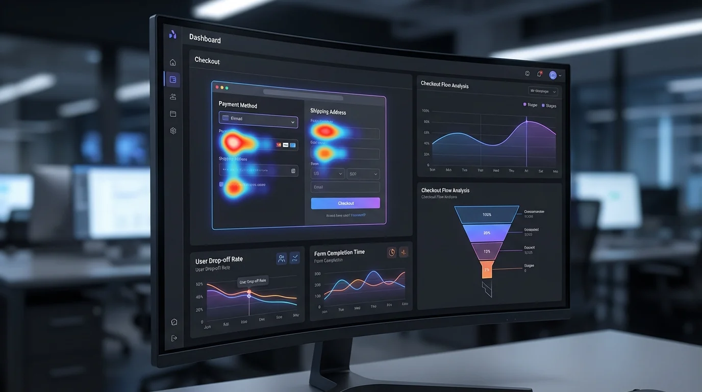 A high-tech dashboard analysis showing user heatmaps on a checkout page, identifying friction points where users drop off during the payment selection and address input stages of an e-commerce transaction.