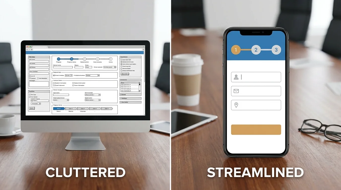 A side-by-side comparison of a cluttered e-commerce checkout form versus a streamlined, mobile-optimized single-page checkout interface with clear progress indicators and minimal input fields.