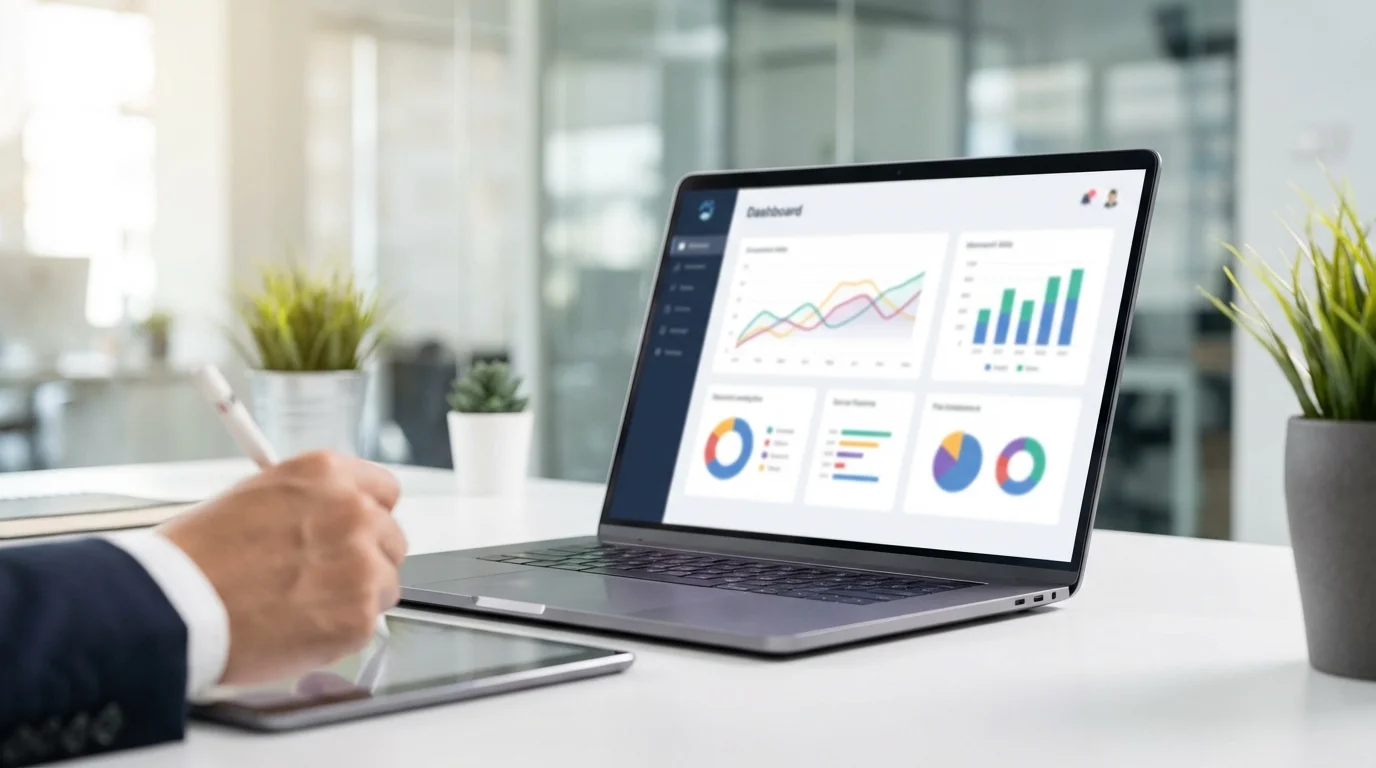Strategic business data analysis on a computer screen displaying key performance indicators for e-commerce retention, customer lifetime value charts, and segment breakdown for marketing automation.