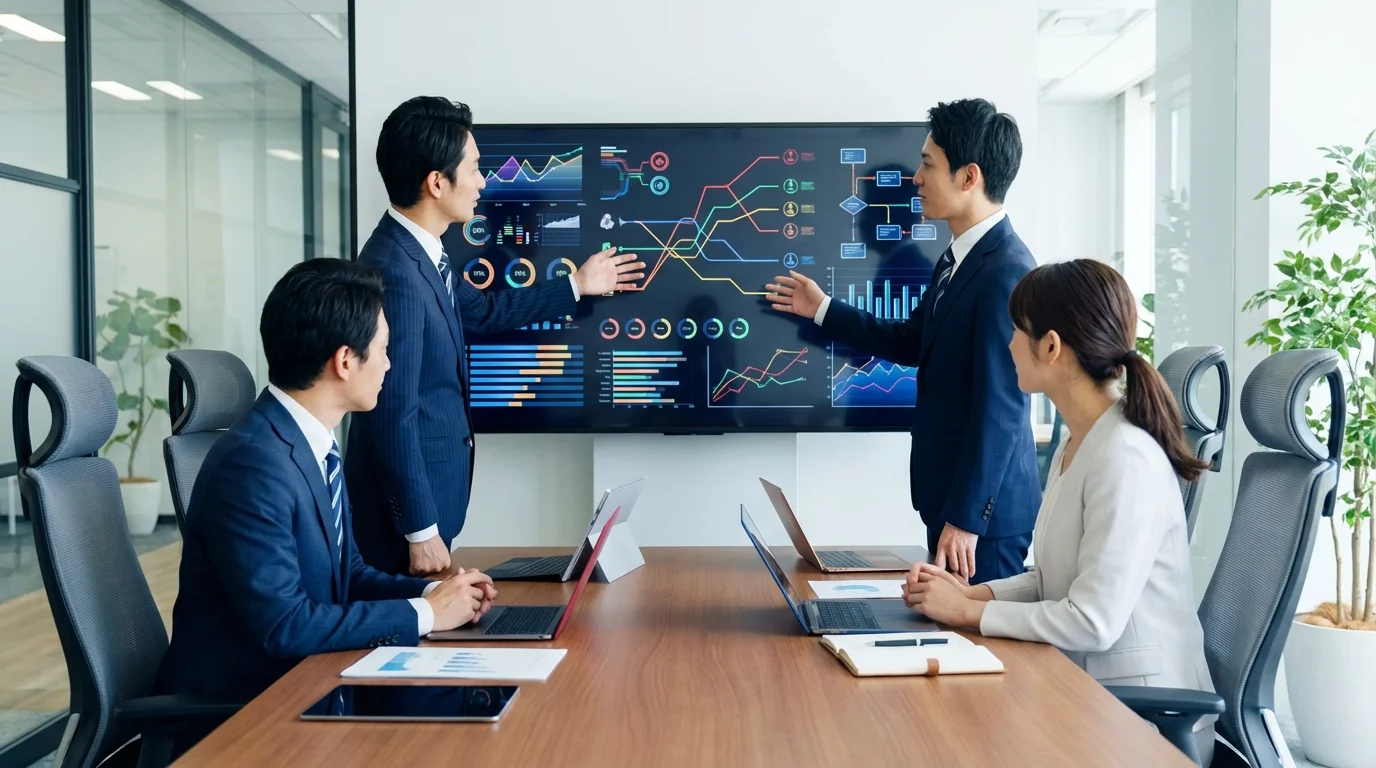 A professional business team collaborating in a modern office, analyzing customer data on a large screen to optimize e-commerce CRM strategies and marketing automation workflows.