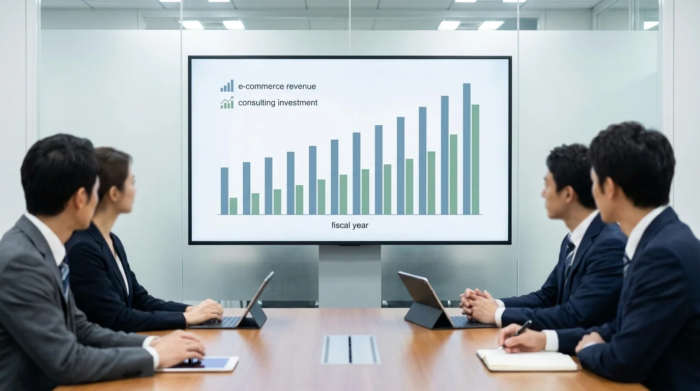 A detailed financial bar chart showing the growth of e-commerce revenue and the corresponding investment in consulting services over a fiscal year period.