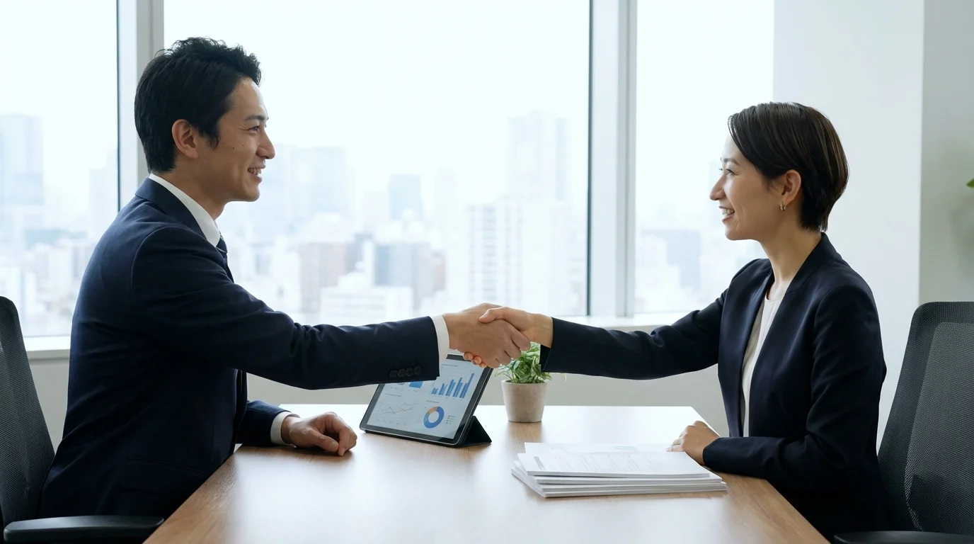 Two business professionals shaking hands over a desk with a digital tablet and documents, symbolizing a successful partnership between an e-commerce owner and a consultant.