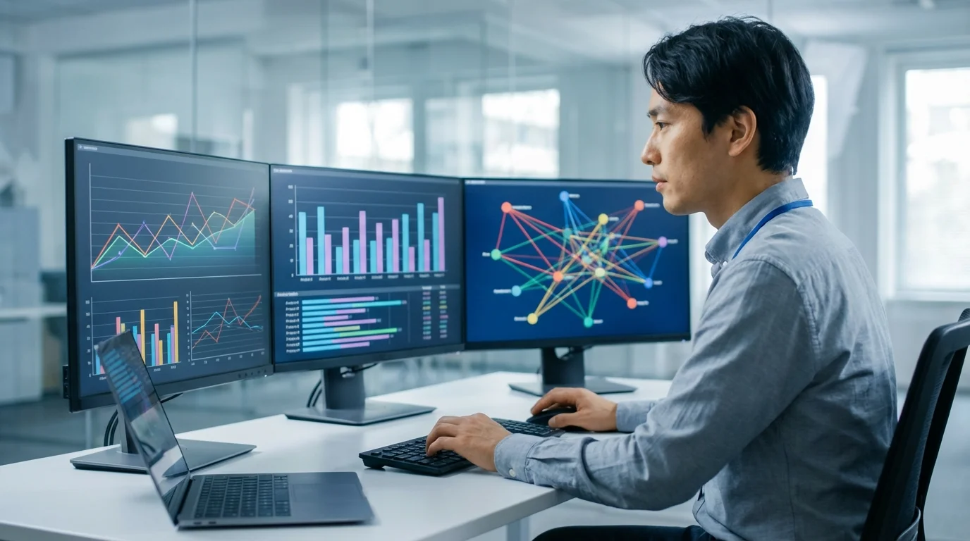 A professional data scientist analyzing e-commerce metrics on a multi-monitor setup, showing conversion rate trends, ASIN performance tracking, and complex search engine algorithm visualization without any logos.