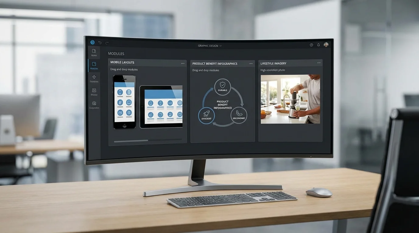 A sleek graphic design interface showing the creation of high-quality Amazon A+ content, focusing on mobile-responsive layouts, detailed product benefit infographics, and high-resolution lifestyle photography.