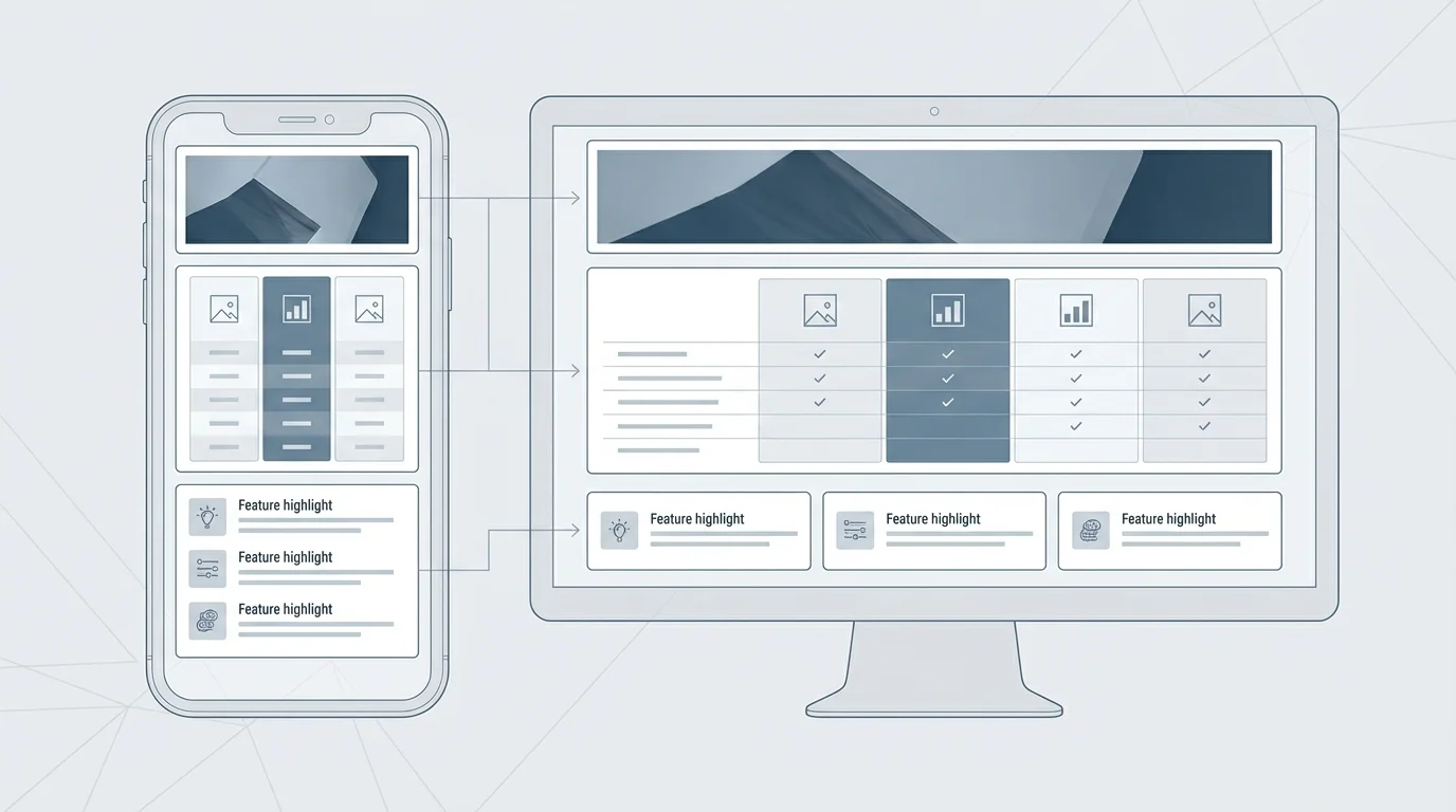 Technical diagram showing various Amazon A+ content modules including comparison charts, standard image headers, and feature highlights optimized for mobile and desktop viewports.
