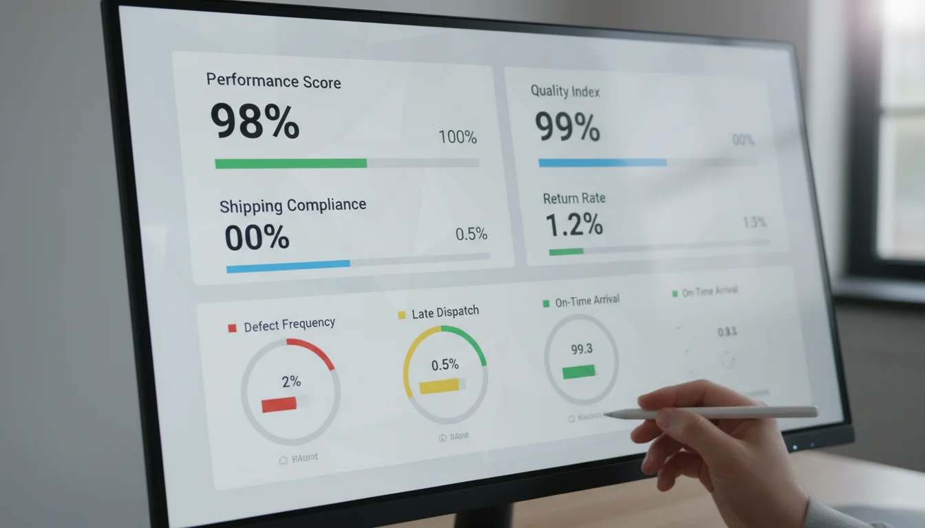 A detailed close-up of a computer screen showing the Amazon Seller Central Account Health page with various metrics like Order Defect Rate and Late Shipment Rate, emphasizing the precision required in e-commerce management.
