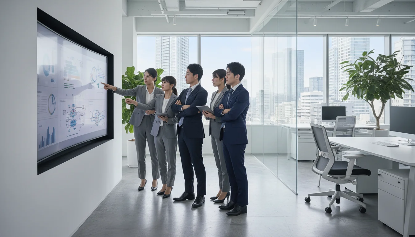 A business team having a strategic meeting in a modern office, looking at data on a large monitor to ensure policy compliance and high performance on a global e-commerce marketplace platform.