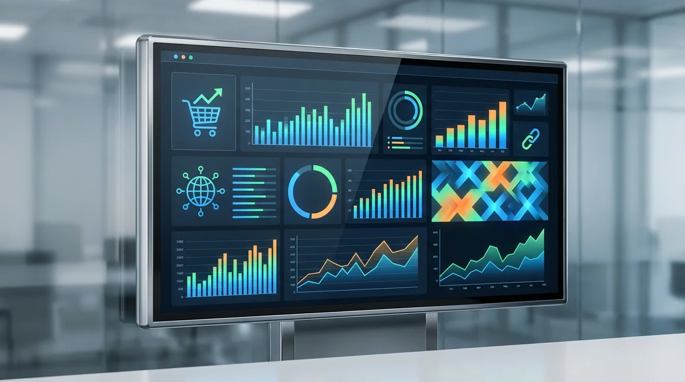A high-tech dashboard displaying various e-commerce performance metrics and data visualizations, illustrating the importance of data-driven evidence in an Amazon Plan of Action.