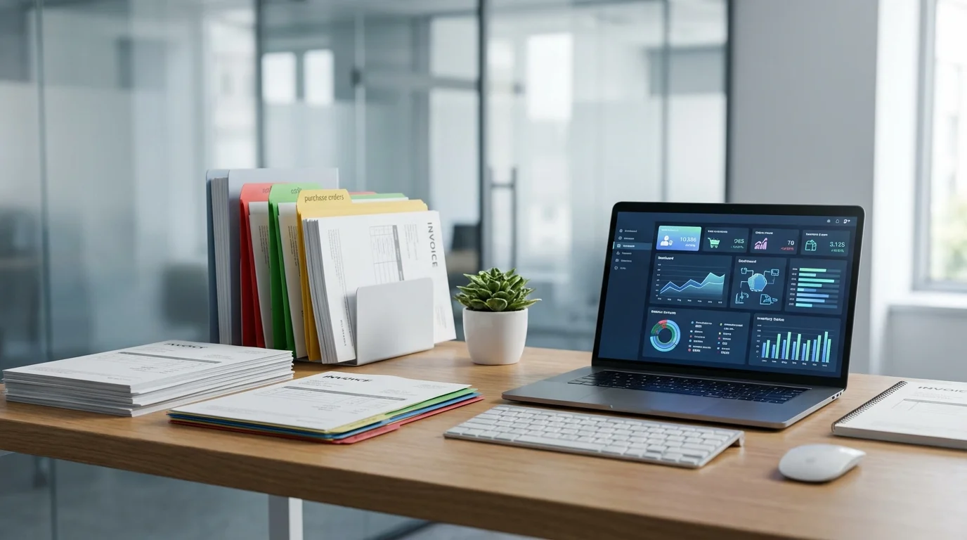 A professional desk layout showing organized business invoices, purchase orders, and a laptop displaying inventory management software, symbolizing a transparent supply chain for EC businesses.