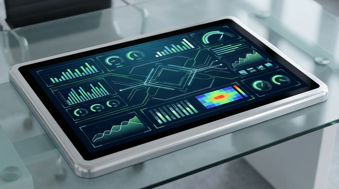 A high-tech digital dashboard showing real-time data analytics, account health metrics, and risk assessment graphs for an Amazon seller account to monitor performance.