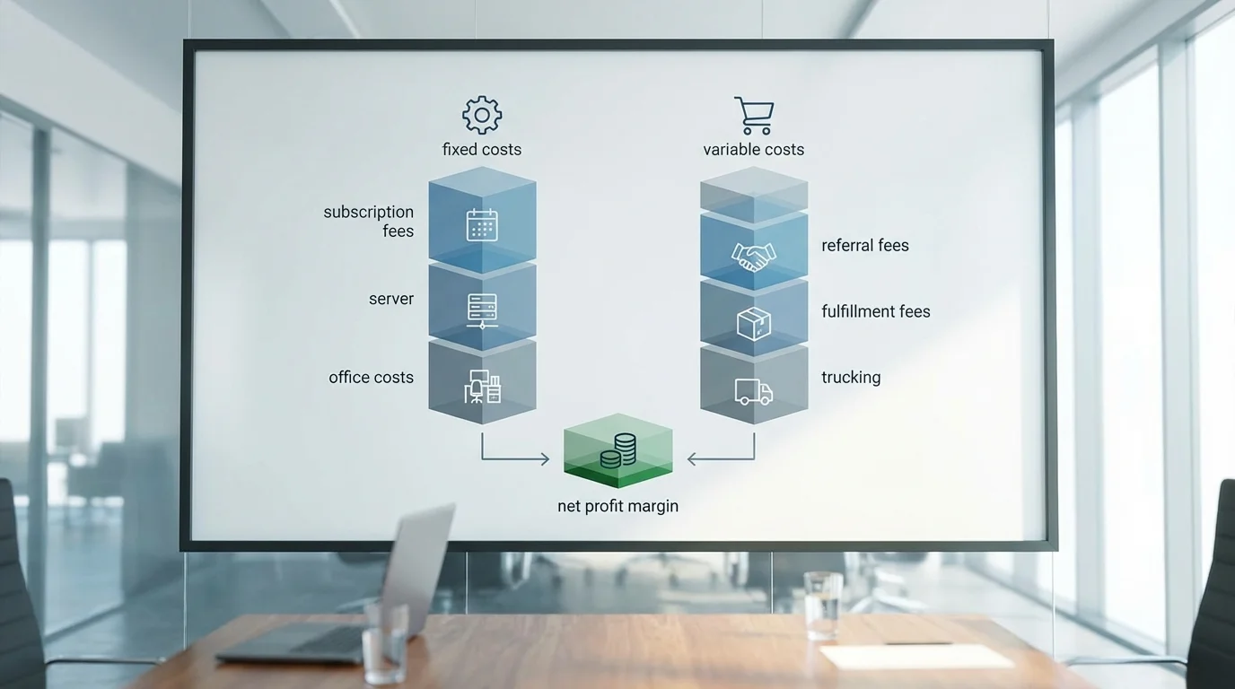 An analytical business diagram comparing fixed costs like subscription fees against variable costs like referral and fulfillment fees for an Amazon seller, highlighting the impact on net profit margins in a corporate presentation style.
