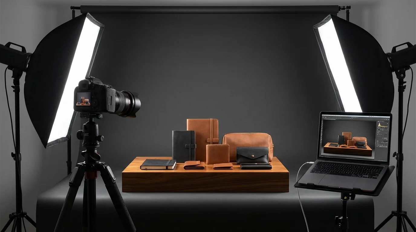 High-quality product photography setup in a studio, emphasizing the visual appeal and professional presentation required to increase conversion rates on e-commerce platforms.