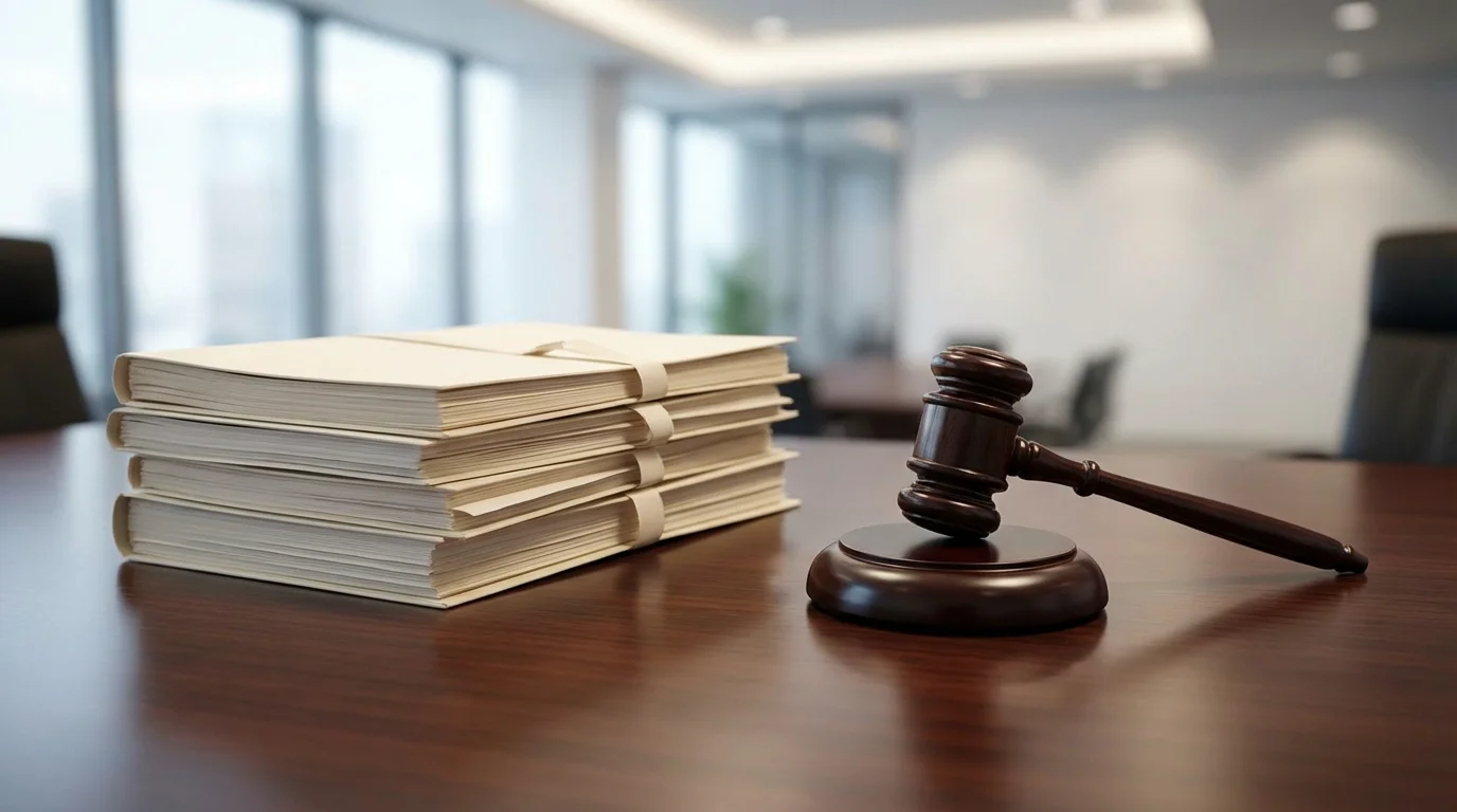Legal documents and a gavel on a wooden desk, symbolizing compliance with laws and regulations such as the Pharmaceutical Affairs Law and the Premiums and Representations Act in Japanese e-commerce.