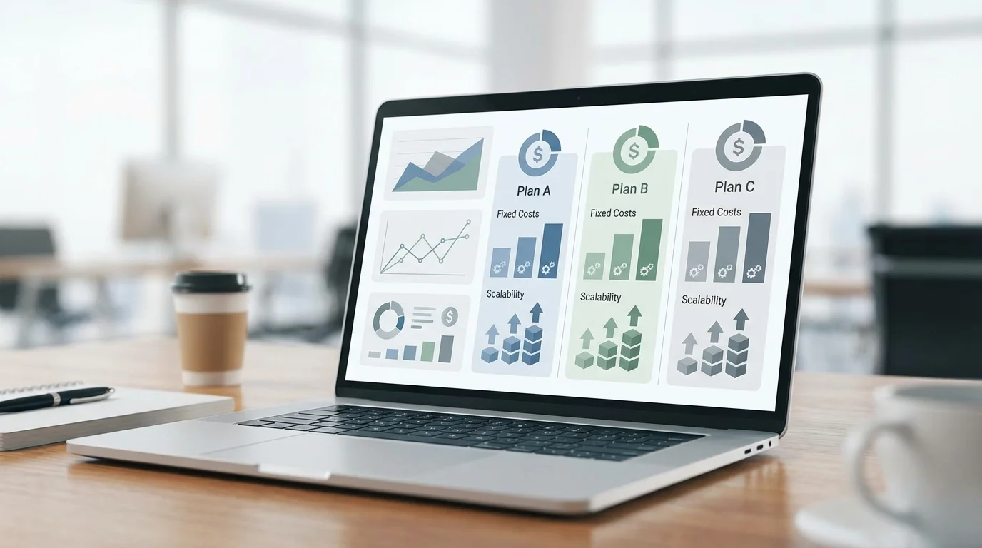 Detailed financial report visualization on a laptop screen showing a comparison of different monthly subscription plans for an online marketplace, highlighting fixed costs and scalability factors.