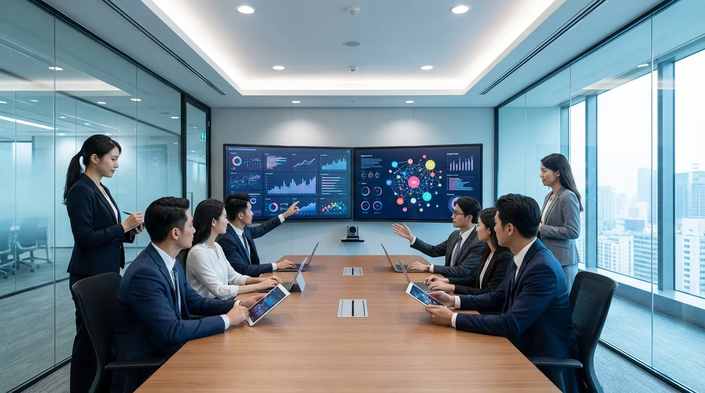 Professional business environment where a team analyses social media marketing trends and algorithm performance on large screens, focusing on high-tech solutions for modern e-commerce.