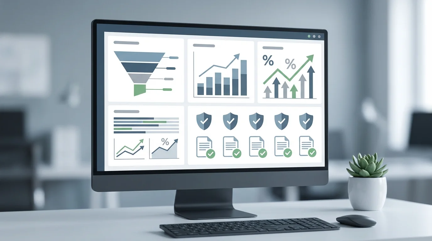 Detailed analytical dashboard showing conversion rate optimization metrics and legal compliance checkmarks for an e-commerce platform interface.