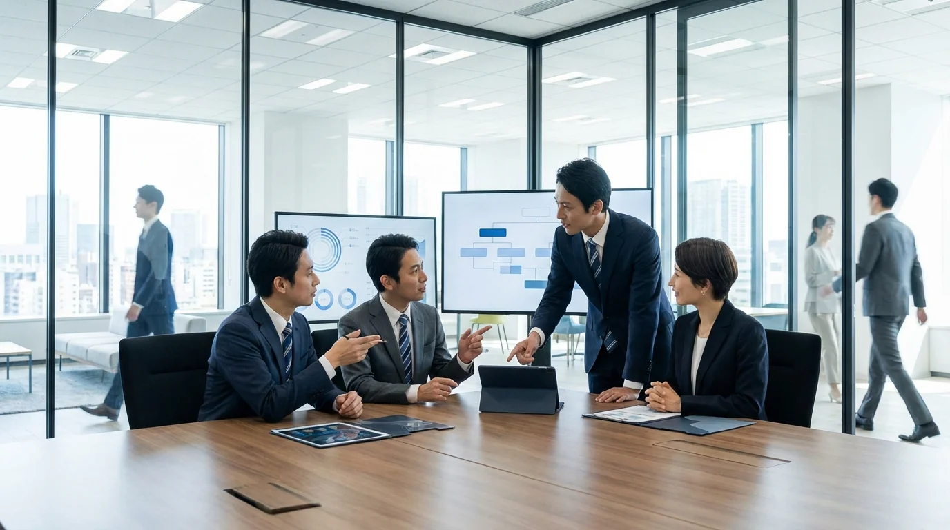 A professional business team discussing e-commerce strategy and legal frameworks in a modern office with glass walls and digital displays.