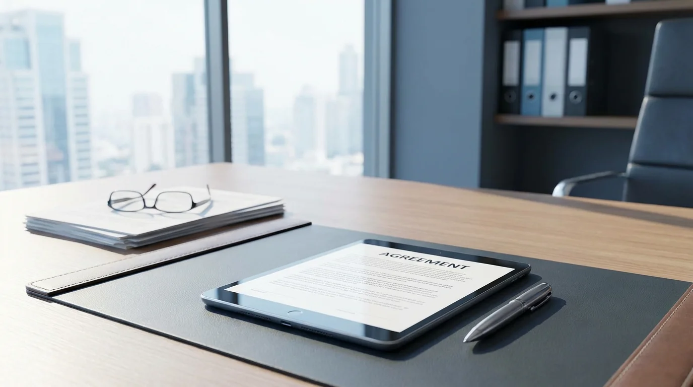 A professional workspace featuring a digital contract and a pen, illustrating the importance of legal documentation and transparency in business transactions for consumer protection.