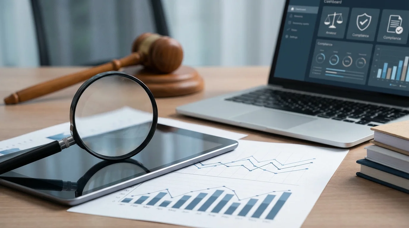 A data-driven business analysis scene showing financial charts and a magnifying glass, emphasizing the scrutiny required for legal compliance in e-commerce strategy.