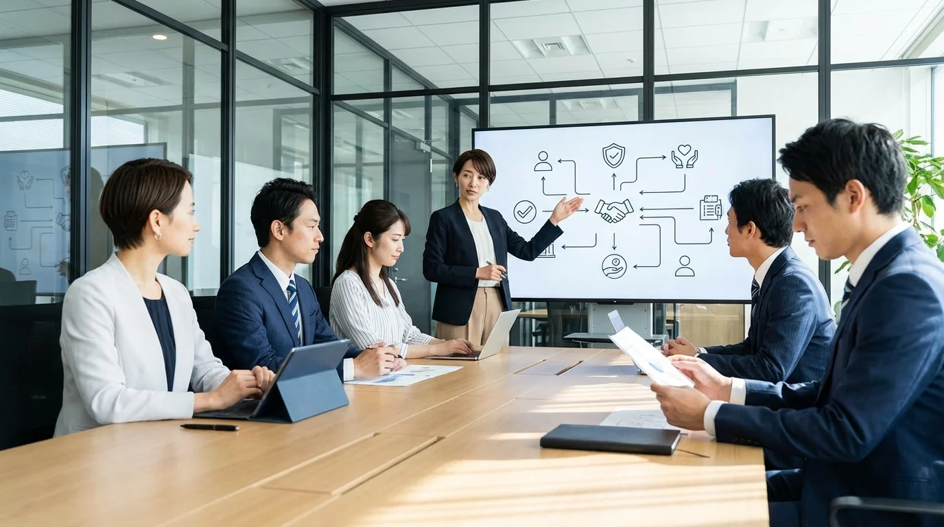 A business meeting where professionals are discussing corporate governance and compliance frameworks, specifically focusing on digital marketing ethics.