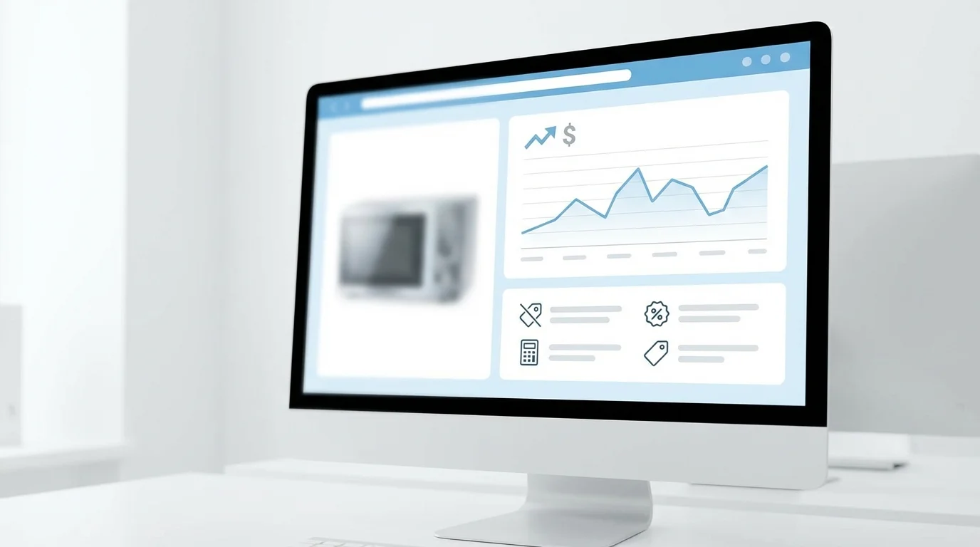 A clean and professional e-commerce product page UI design showing a clear price history chart and a transparent breakdown of discounts without deceptive countdown timers or fake stock alerts.