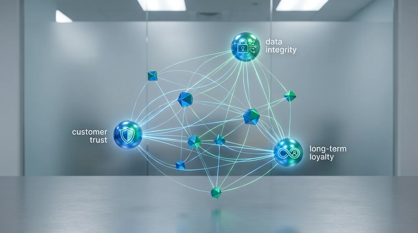 An abstract visualization of a framework focusing on ethical UX design, showing interconnected nodes of customer trust, data integrity, and long-term loyalty.