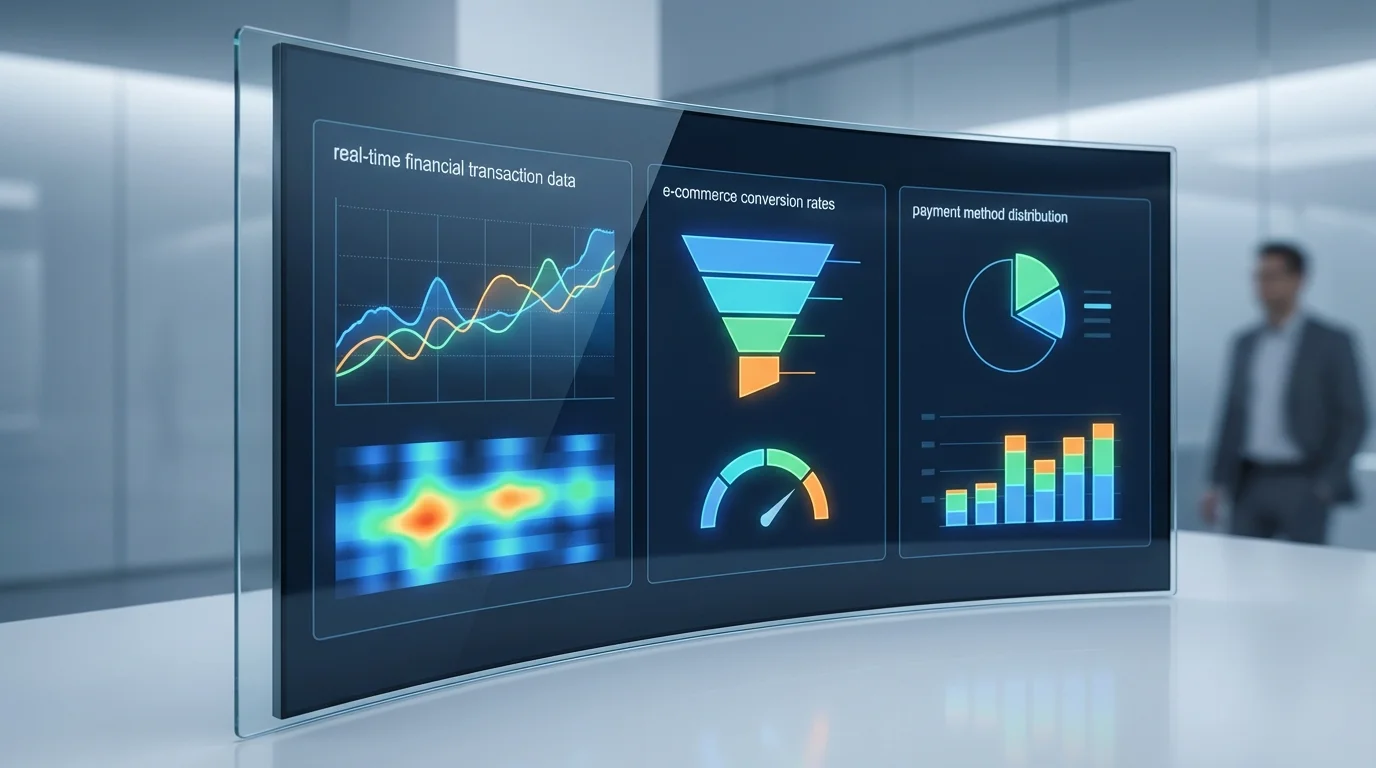 A high-tech digital dashboard displaying real-time financial transaction data, e-commerce conversion rates, and payment method distribution charts, emphasizing the analytical side of online business management.