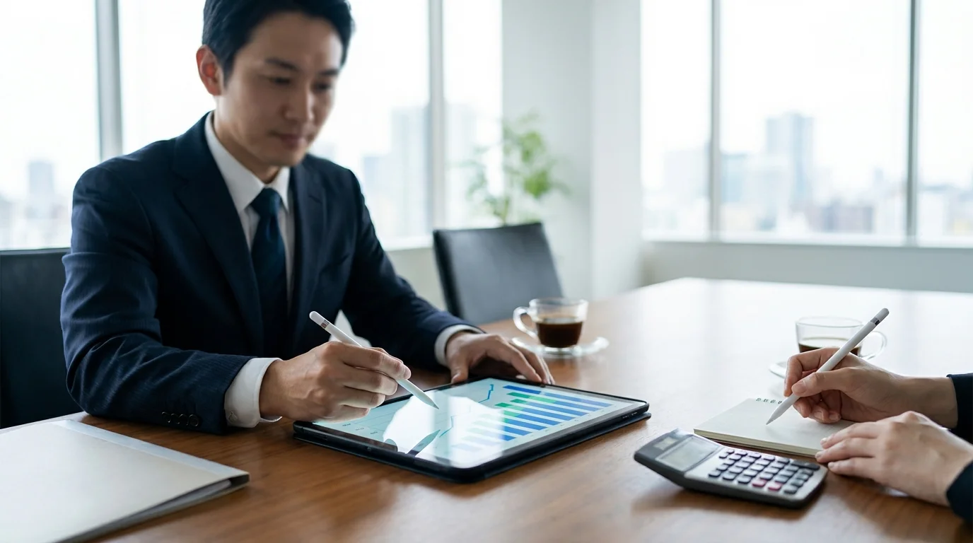 A professional business meeting scene focusing on a tablet screen showing financial growth graphs and a person calculating ROI, representing strategic e-commerce financial planning and cost optimization.