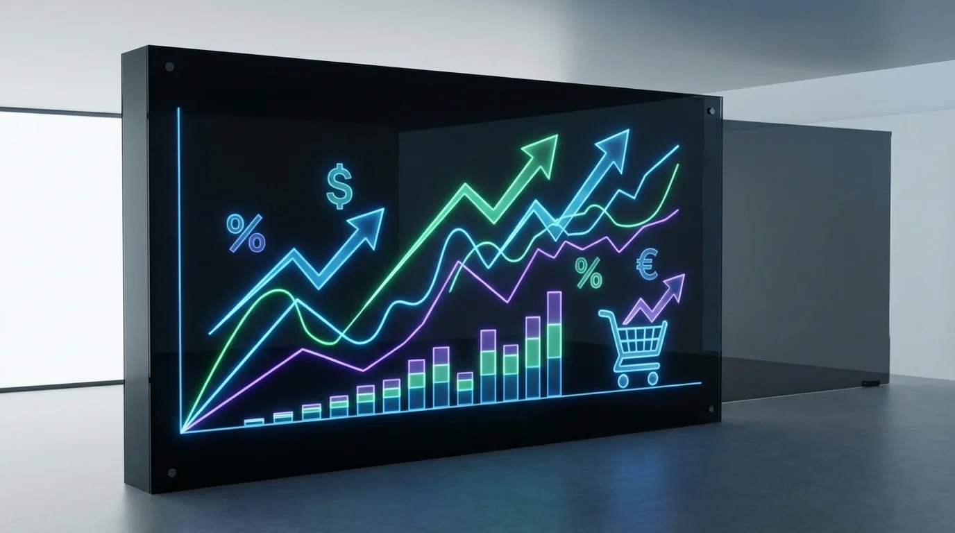 High-tech business data visualization showing digital charts, percentage growth icons, and financial performance metrics on a dark background, illustrating the concept of e-commerce profit analysis.