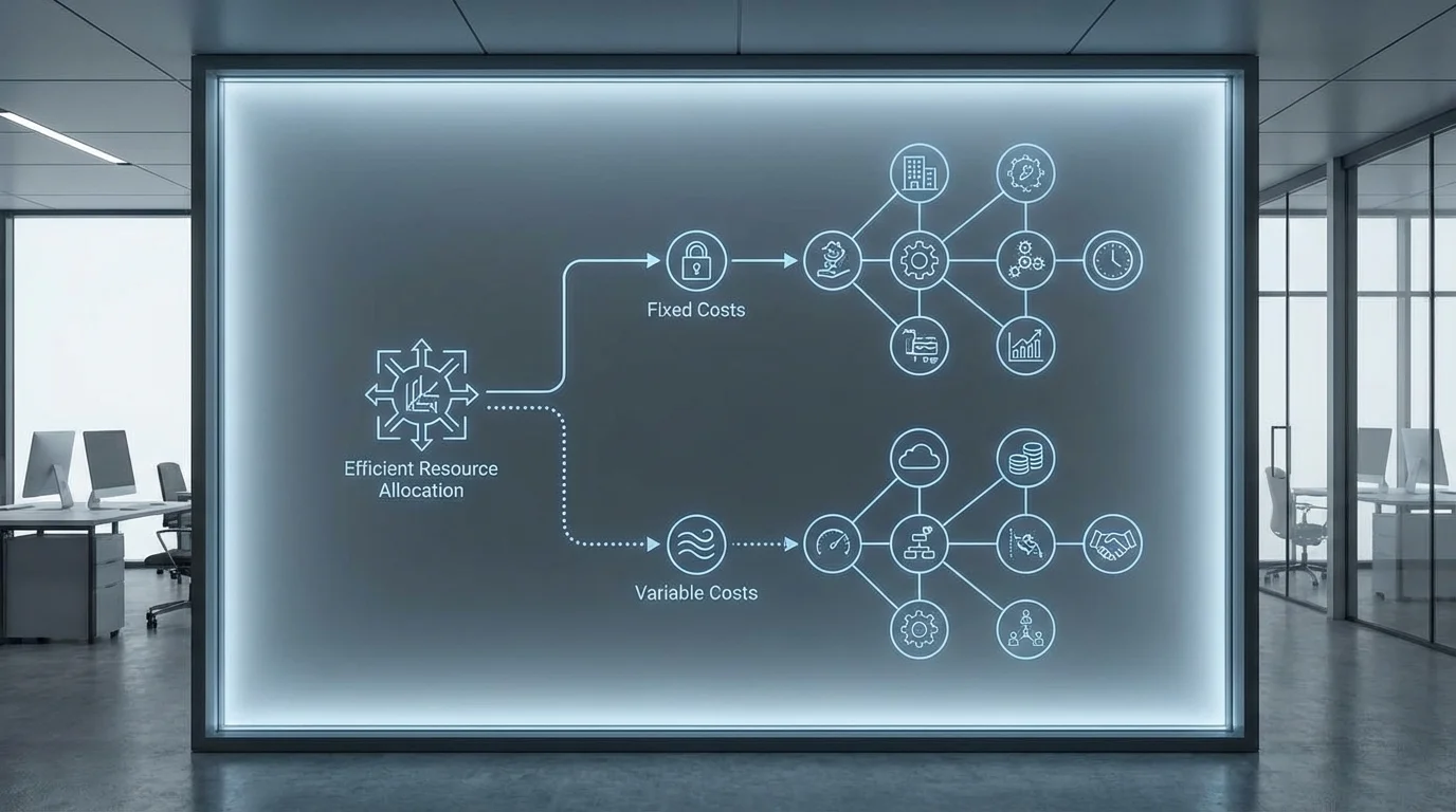 Detailed architectural drawing of a business logic tree, showing the breakdown of variable and fixed costs in a structured flow chart, representing efficient financial resource allocation.