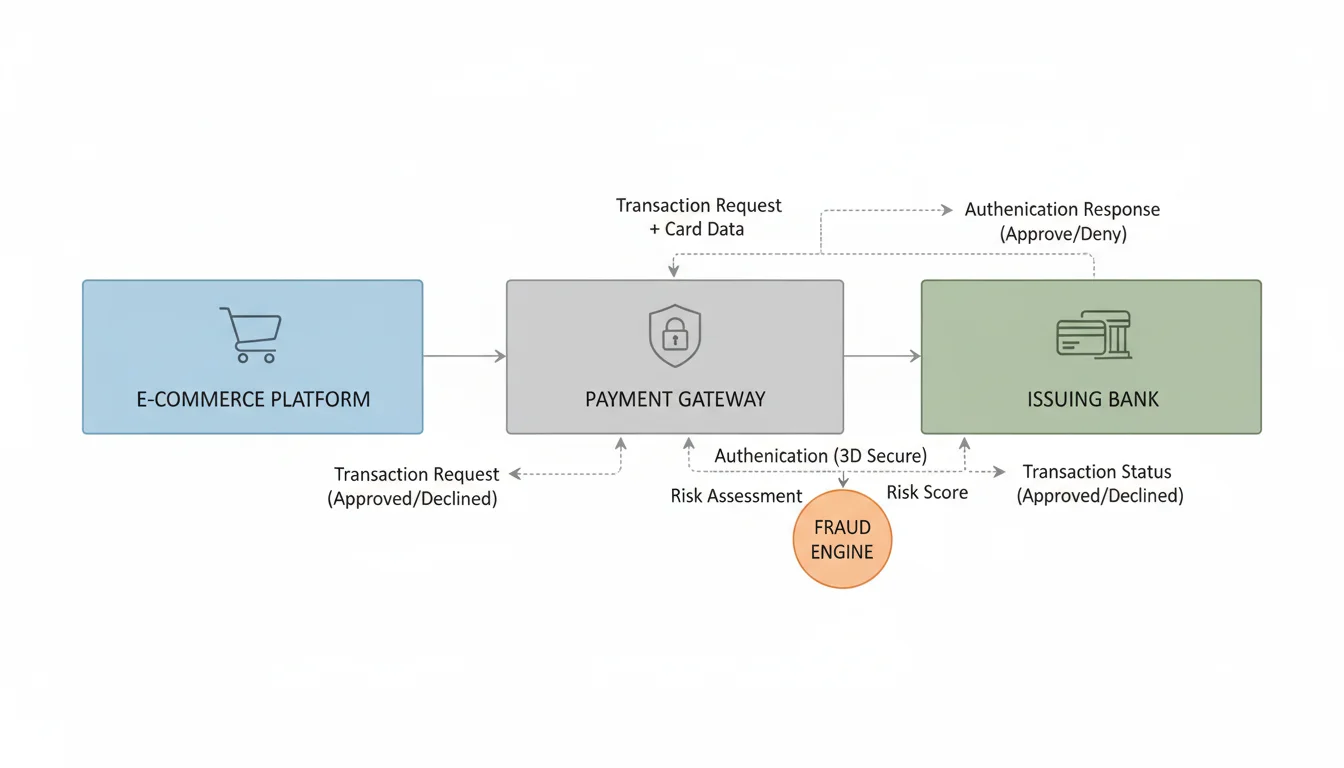 A detailed technical diagram showing the data flow between an e-commerce platform, a payment gateway, and an issuing bank during a risk-based authentication process for credit card transactions.