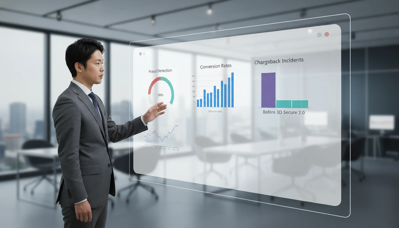 Professional business analysis showing a dashboard of fraud detection metrics, conversion rates, and the impact of 3D Secure 2.0 implementation on reducing chargeback incidents for online retailers.