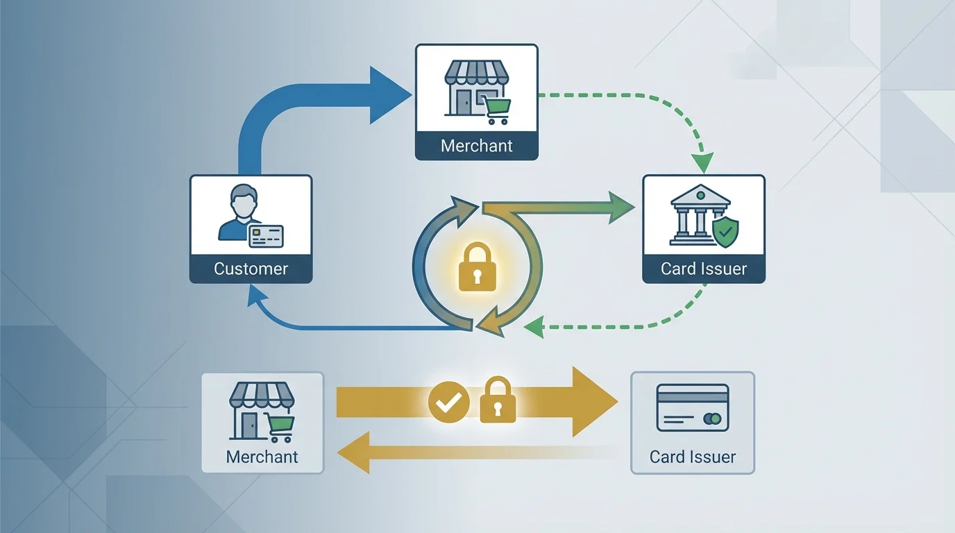 A technical diagram illustrating the flow of EMV 3-D Secure authentication between the merchant, the card issuer, and the customer, emphasizing the liability shift mechanism in finance technology.