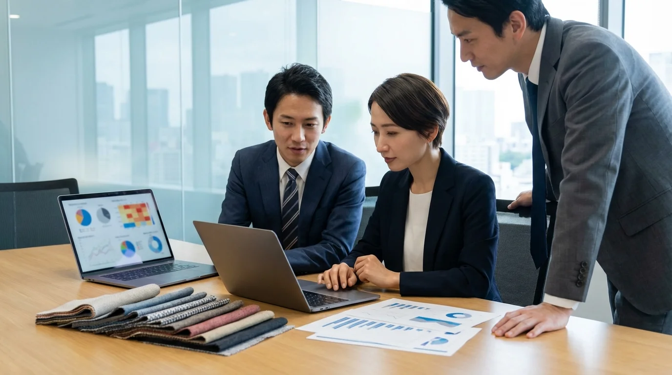 Professional business consulting session focusing on fashion e-commerce strategy, showing fabric swatches next to a laptop displaying sales conversion data and heatmaps.
