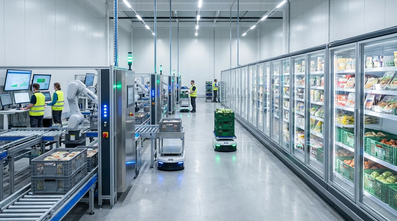 High-tech automated fulfillment center for food e-commerce featuring robotic sorting systems and climate-controlled storage environments for supply chain optimization.