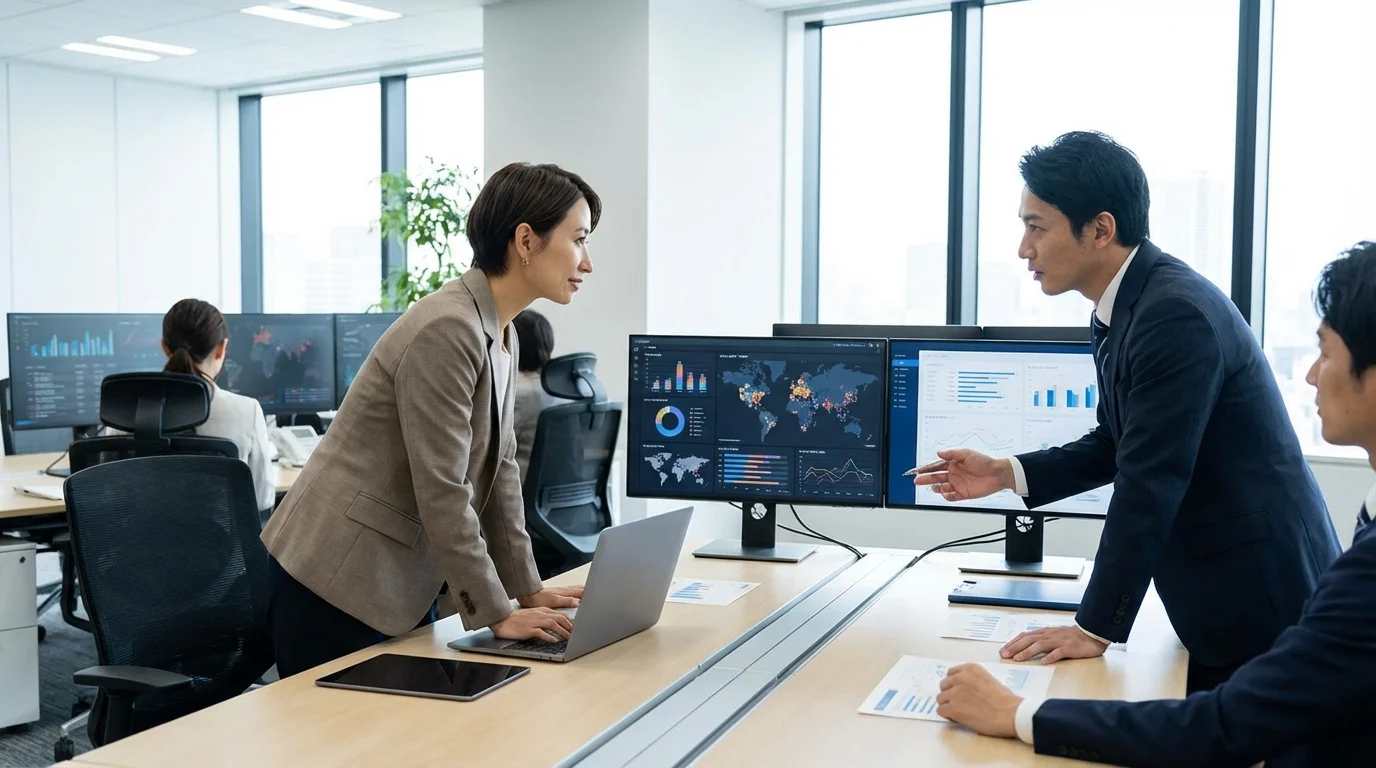 Professional business environment showing data analysis on multiple screens, representing the strategic localization and market research required for global e-commerce success.