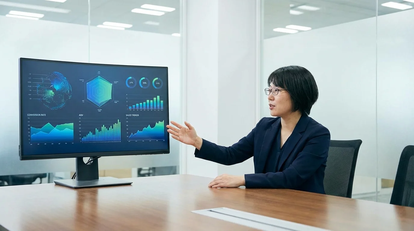 Professional data scientist analyzing e-commerce key performance indicators and conversion rate metrics on a large screen dashboard.