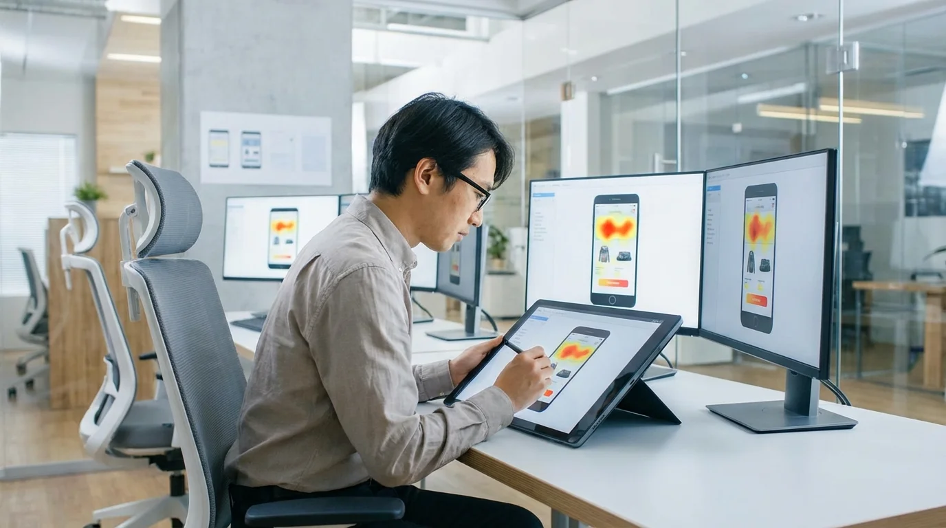 User experience designer analyzing mobile interface heatmaps to identify conversion friction and improve purchase flow on a digital tablet.