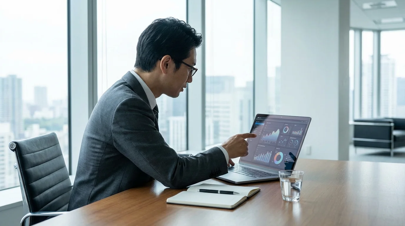 A professional business consultant analyzing e-commerce performance metrics on a laptop screen, focusing on strategic management and competitive advantage development for small business owners.