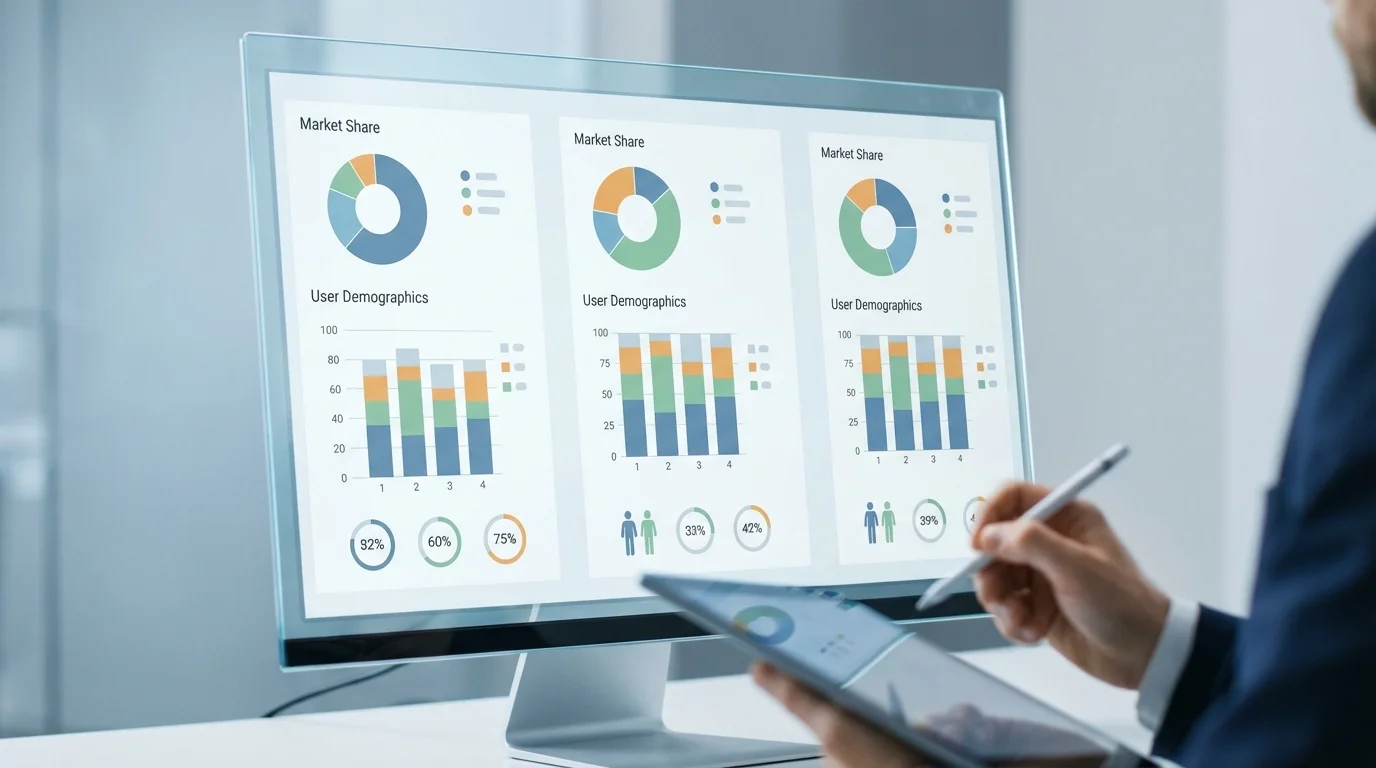 A detailed business dashboard showing comparative analytics between Amazon, Rakuten, and Yahoo Shopping, emphasizing market share and user demographic segmentation for strategic decision making.