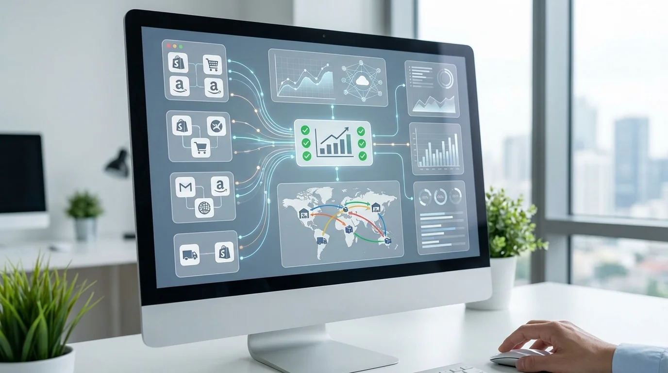A sophisticated cloud-based inventory management interface showing real-time stock synchronization across multiple e-commerce platforms to prevent overselling and optimize supply chain logistics.